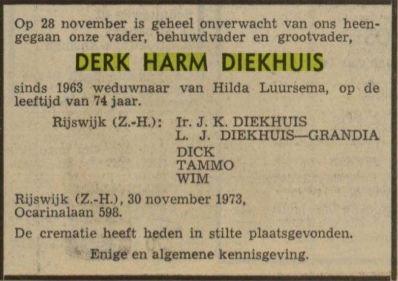 overlijdensadvertentie derk harm diekhuis on 30 Nov 1973.